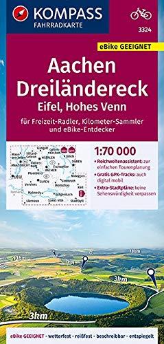 KOMPASS Fahrradkarte Aachen, Dreiländereck, Eifel, Hohes Venn 1:70.000, FK 3324: reiß- und wetterfest mit Extra Stadtplänen (KOMPASS-Fahrradkarten Deutschland, Band 3324)