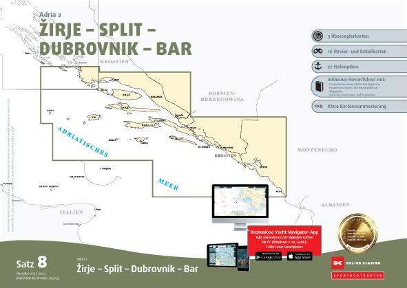 Sportbootkarten Satz 8: Adria 2 (Ausgabe 2023/2024): Zirje - Split - Dubrovnik - Bar