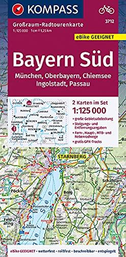 Bayern Süd, Oberbayern, Chiemsee, Ingolstadt, Passau, München 3712: Großraum-Radtourenkarte 1:125000, GPX-Daten zum Download (KOMPASS-Großraum-Radtourenkarte, Band 3712)