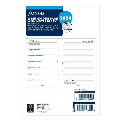 Filofax Kalender-Tagebuch-Nachfüllung, A5, Woche auf einer Seite mit Notizen, weißes Papier, mehrsprachig: Fünf Sprachen, 2024 (C68509-24)