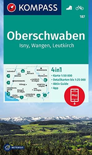 KOMPASS Wanderkarte 187 Oberschwaben, Isny, Wangen, Leutkirch 1:50.000: 4in1 Wanderkarte, mit Aktiv Guide und Detailkarten inklusive Karte zur offline Verwendung in der KOMPASS-App. Fahrradfahren.