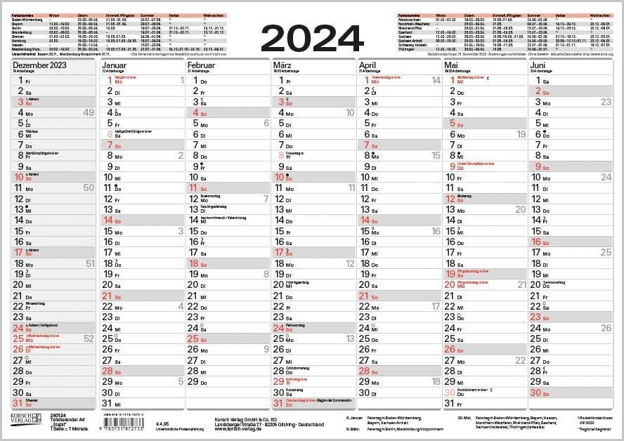 Tafelkalender A4 "Stabil" 2024: 14 Monate auf Vorder- und Rückseite I Dicker Karton I Ferientermine und Feiertage