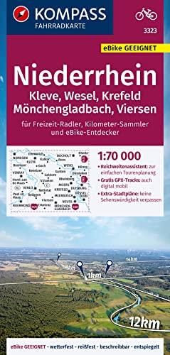 KOMPASS Fahrradkarte 3323 Niederrhein Kleve,Wesel,Krefeld,Mönchengladbach,Viersen, 1:70000: reiß- und wetterfest mit Extra Stadtplänen