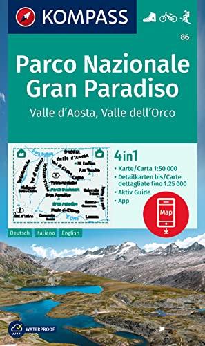 KOMPASS Wanderkarte 86 Parco Nazionale Gran Paradiso, Valle d'Aosta, Valle dell'Orco 1:50.000: 4in1 Wanderkarte mit Aktiv Guide und Detailkarten ... in der KOMPASS-App. Fahrradfahren. Skitouren.