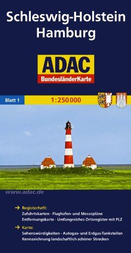 ADAC Bundesländerkarte Schleswig-Holstein, Hamburg 1:250.000: Registerheft: Zufahrtskarten - Flughafen- und Messepläne - Entfernungskarte - ... Kennzeichnung landschaftlich schöner Strecken