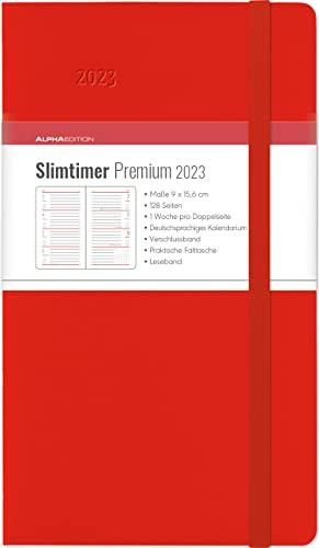 Slimtimer Premium Red 2023 - Taschen-Kalender 9x15,6 cm - mit Verschlussband & Falttasche - Balacron Einband - Weekly - 128 Seiten - Alpha Edition