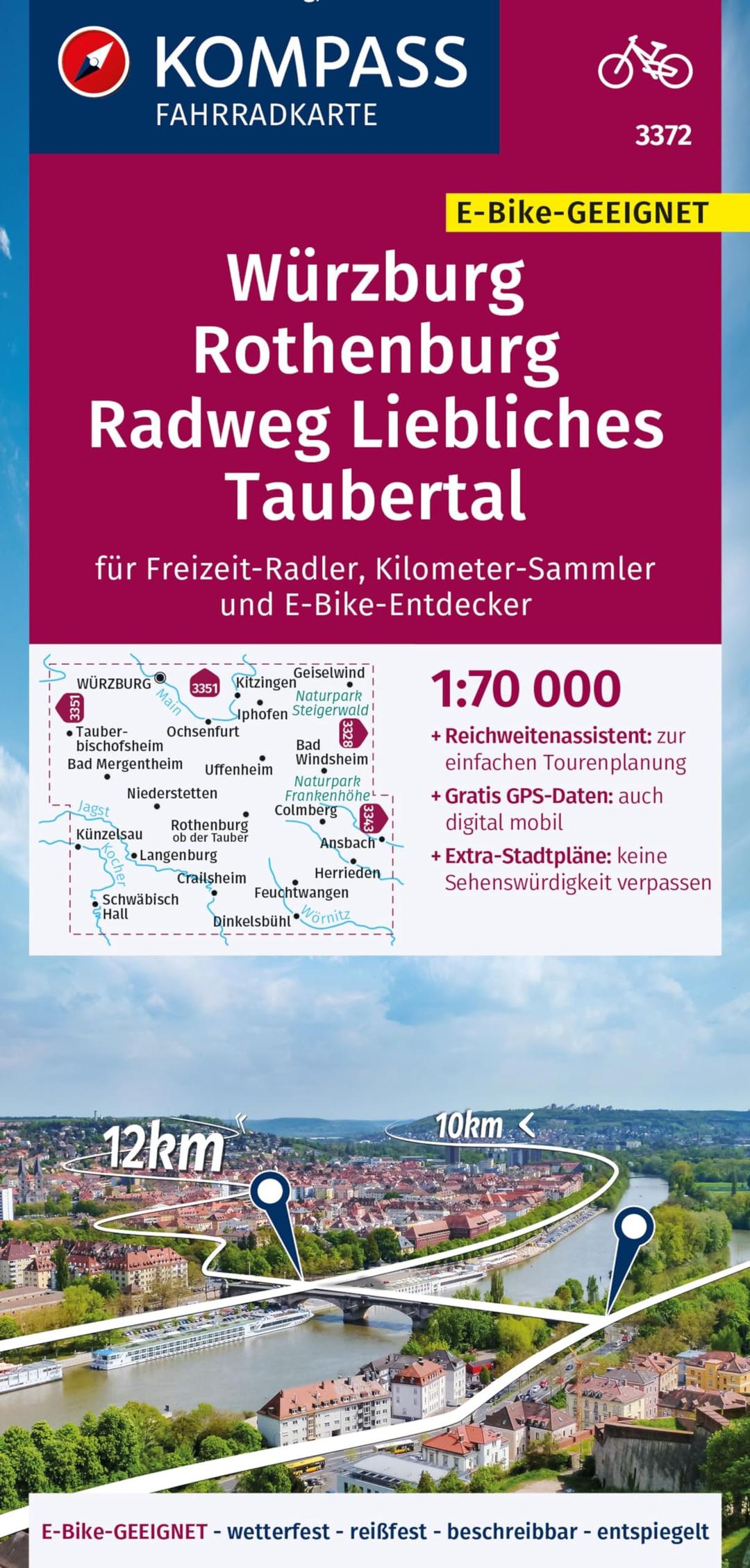 KOMPASS Fahrradkarte 3372 Würzburg, Rothenburg, Radweg Liebliches Taubertal 1:70.000: reiß- und wetterfest mit Extra-Stadtplänen