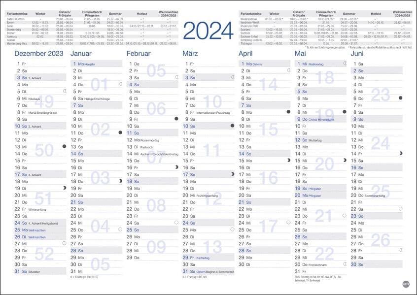 Tafelkalender A4 2024. Praktischer Jahresplaner für den Schreibtisch oder an der Wand. Terminkalender mit Vorder- und Rückseite. Jahreskalender zum Eintragen.