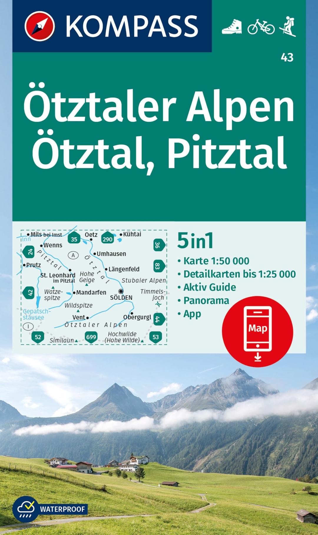 KOMPASS Wanderkarte 43 Ötztaler Alpen, Ötztal, Pitztal 1:50.000: 5in1 Wanderkarte mit Panorama, Aktiv Guide und 1:25000 Karten, inklusive ... in der KOMPASS-App. Fahrradfahren. Skitouren.