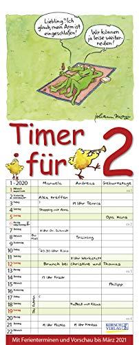 Timer für 2 2020: Familienplaner mit 3 breiten Spalten. Familienkalender mit Tier-Comics, Ferienterminen, Vorschau bis März 2021 und tollen Extras. 19 x 47 cm