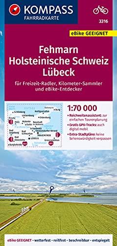 KOMPASS Fahrradkarte 3316 Fehmarn, Holsteinische Schweiz, Lübeck 1:70.000: reiß- und wetterfest mit Extra Stadtplänen (KOMPASS-Fahrradkarten Deutschland, Band 3316)