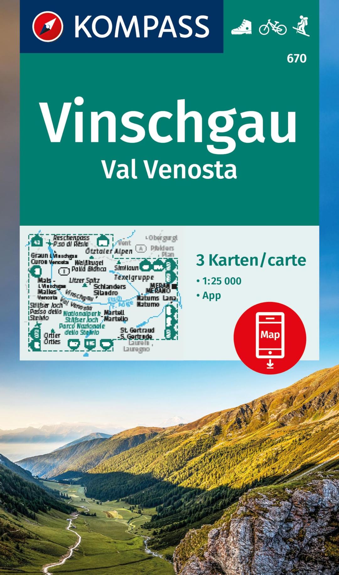 KOMPASS Wanderkarten-Set 670 Vinschgau / Val Venosta (3 Karten) 1:25.000: inklusive Karte zur offline Verwendung in der KOMPASS-App. Fahrradfahren.