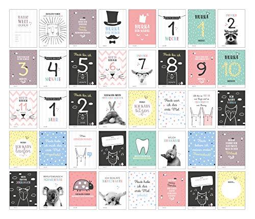 40 Baby Meilenstein-Karten für das 1. Lebensjahr für Mädchen und Junge. Baby Milestone Cards deutsch, zur Erinnerung der Entwicklung der ersten ... Geburt, Schwangerschaft, Taufe oder Baby Shower