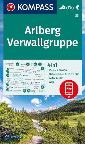 KOMPASS Wanderkarte 33 Arlberg, Verwallgruppe 1:50.000: 4in1 Wanderkarte mit Aktiv Guide und Detailkarten inklusive Karte zur offline Verwendung in der KOMPASS-App. Fahrradfahren. Skitouren.