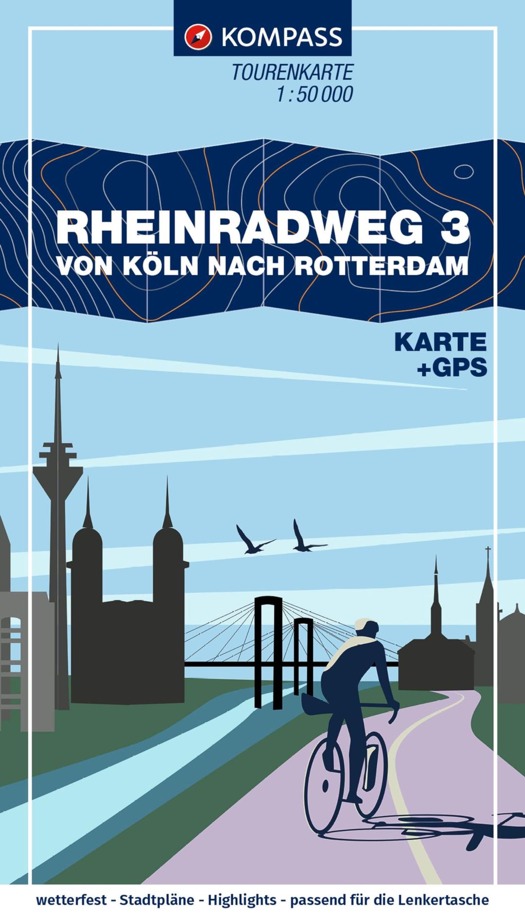 KOMPASS Fahrrad-Tourenkarte Rheinradweg 3, von Köln nach Rotterdam 1:50.000: GPX-Datei zum Download, Leporello Karte, reiß- und wetterfest