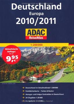 ADAC ReiseAtlas Deutschland/Europa 2010/2011: Deutschland im Detailmaßstab 1 : 200.000. Mit 24 Cityplänen und Europa 1 : 4,5 Mio. Fernstraßenkarte. ... und Erdgas-Tankstellen in Deutschland