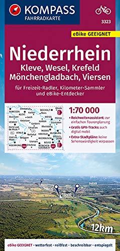 KOMPASS Fahrradkarte Niederrhein, Kleve, Wesel, Krefeld, Mönchengladbach, Viersen 1:70.000, FK 3323: reiß- und wetterfest mit Extra Stadtplänen (KOMPASS-Fahrradkarten Deutschland, Band 3323)