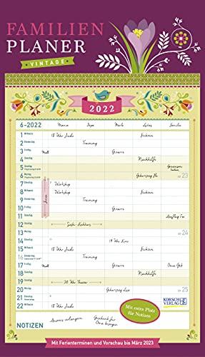 Familienplaner Vintage 2022: Familienkalender, 5 große Spalten. Familientimer mit Ferienterminen, extra Spalte und Vorschau für 2022. Format: 27 x 47 cm