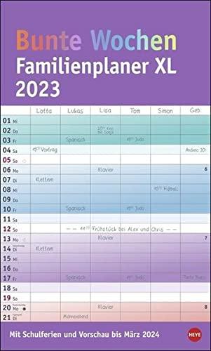 Bunte Wochen Familienplaner XL 2023 - extra-breiter Wandkalender mit Monatskalendarium, 6 Spalten, Schulferien, 3-Monats-Ausblick Januar bis März 2024 - 27 x 45 cm