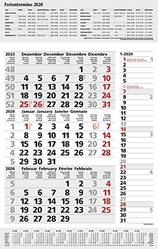 3-Monats-Planer Combi Grau 2024: 3-Monatskalender groß I Wandplaner / Bürokalender mit Datumsschieber, Ferienterminen, Vor-und Nachmonat und Jahresübersicht I extra Streifenplaner I 30 x 47,8 cm