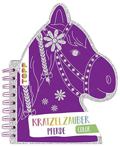 Kratzelzauber Color Pferde (Kratzelbuch in Pferdekopfform): Formgestanztes Kratzelbuch in Pferdekopfform. Mit Holz-Kratzstift, 20 Kratzelseiten, 20 Malanregungen und 40 Skizzenseiten