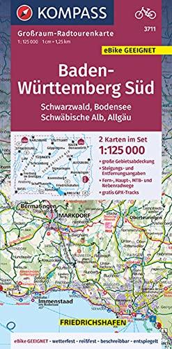 KOMPASS Großraum-Radtourenkarte 3711, Baden-Württemberg Süd, Schwarzwald, Bodensee, Schwäbische Alb, Allgäu 1:125000: 2 Karten im Set, reiß- und wetterfest