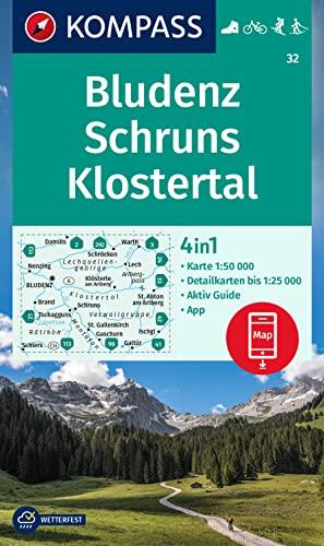 KOMPASS Wanderkarte 32 Bludenz-Schruns 1:50.000: 4in1 Wanderkarte, mit Aktiv Guide und Detailkarten inklusive Karte zur offline Verwendung in der KOMPASS-App. Fahrradfahren. Skitouren. Langlaufen.