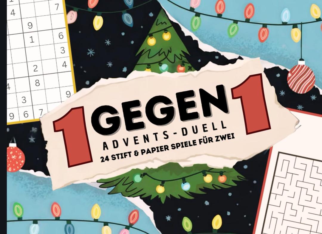 1 gegen 1 Advents-Duell: 24 Stift & Papier Spiele für Zwei | Mitmach Adventskalender mit 24 lustigen Minispielen für 2 Personen, Perfekt zum Verschenken für Geschwister, Paare oder Eltern