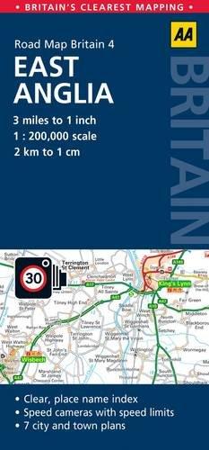 AA Road Map Britain East Anglia: Clear, place name index, Speed cameras with speed limits, 7 city and town plans