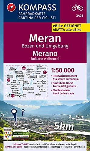 KOMPASS Fahrradkarte 3421 Meran, Bozen und Umgebung, 1:50.000: reiß- und wetterfest mit Extra Stadtplänen (KOMPASS-Fahrradkarten International, Band 3421)