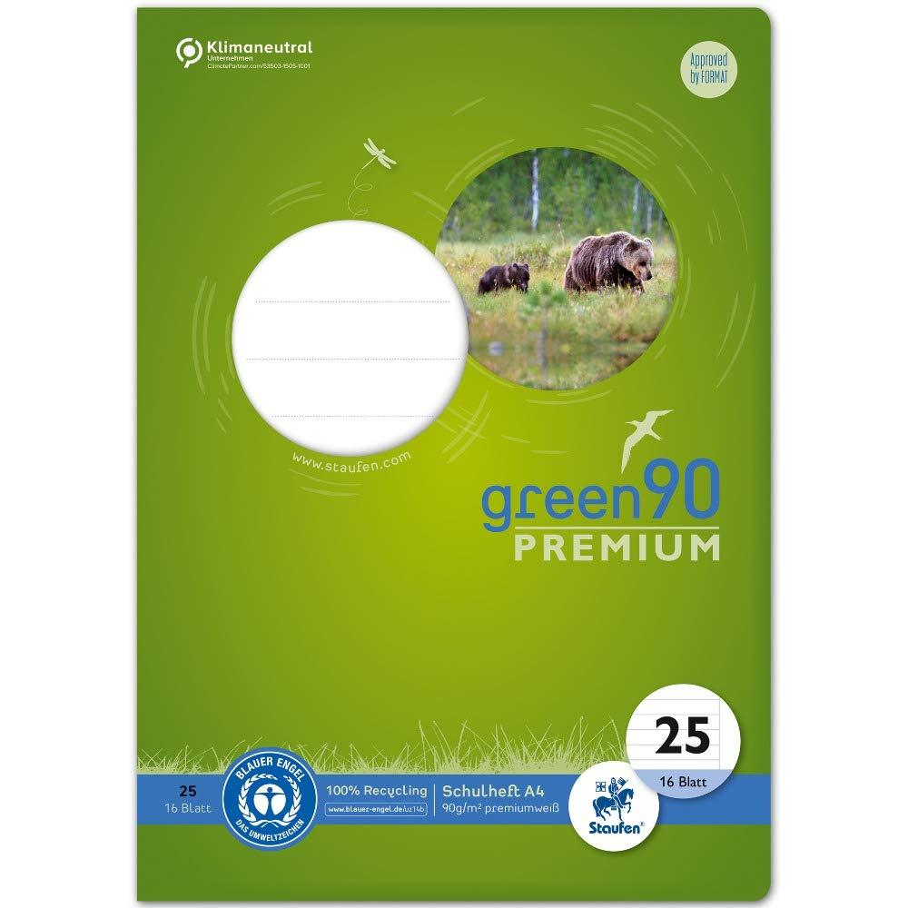 Staufen Green Heft - DIN A4, Lineatur 25 (liniert mit Rand), 16 Blatt, premiumweißes 90g/m² Recyclingpapier, runde Ecken verhindern „Eselsohren“, 4 verschiedene Motive (keine Auswahl möglich), 1 Stück