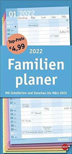 Basic Familienplaner 2022 - Wandkalender mit Monatskalendarium, 5 Spalten, Schulferien, 3-Monats-Ausblick Januar bis März 2023 - 21 x 45 cm