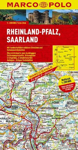 MARCO POLO Karte Rheinland-Pfalz, Saarland 1:200.000: Mit landschaftlich schönen Strecken und Sehenswürdigkeiten. Übersichtskarte zum Ausklappen, ... Ortsregister, 6 Citypläne, 6 Zufahrtskarten