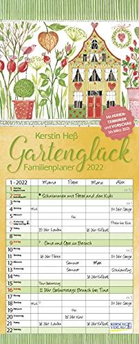 Gartenglück 2022: Familienplaner - 4 große Spalten mit viel Platz. Hochwertiger Familienkalender für Gartenliebhaber mit Ferienterminen und Vorschau bis März 2023. 19 x 47 cm.