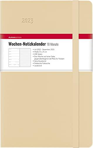 Wochen Notizkalender 18 Monate groß Cream 2023 - Taschenkalender 13x21 cm - mit Verschlussband & Falttasche - Juli 2021 bis Dez 2023 - Weekly 128 S.