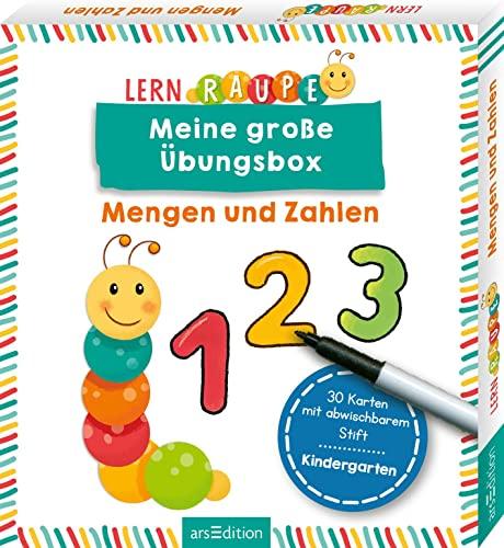 Lernraupe – Meine große Übungsbox Mengen und Zahlen: 30 Karten mit abwischbarem Stift | Rätsel und Übungen für Kinder ab 3 Jahren