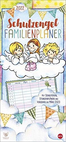 Schutzengel Familienplaner 2022 - Wandkalender mit Monatskalendarium, 5 Spalten, Schulferien, 2 Stundenpläne, 3-Monats-Ausblick Januar bis März 2023 - 21 x 45 cm