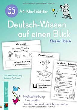 55 A4-Merkblätter Deutsch-Wissen auf einen Blick – Klasse 1 bis 4: Rechtschreibung, Grammatik, Geschichten und Gedichte schreiben