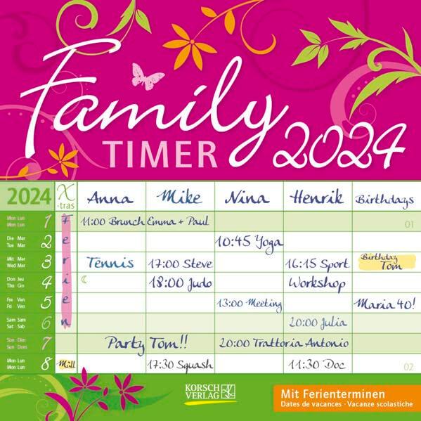 Family Timer - Floral 2024: Broschürenkalender mit Ferienterminen