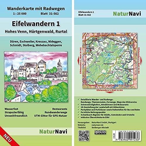 Eifelwandern 1 - Hohes Venn, Hürtgenwald, Rurtal: Wanderkarte mit Radwegen, Blatt 31-562, 1 : 25 000, Düren, Eschweiler, Kreuzau, Nideggen, Schmidt, ... (NaturNavi Wanderkarte mit Radwegen 1:25 000)