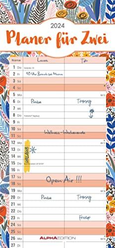 Planer für 2 Flowers 2024 - Familienplaner 16x34,5 cm - Wandkalender - Streifenkalender - Platz für Notizen - bunt - Farben - Alpha Edition