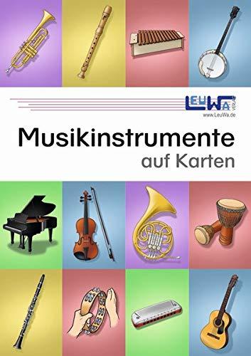 Musikinstrumente auf Karten: Technisch genau gezeichnete Musikinstrumente mit den Instrumentennamen und Instrumentengruppen