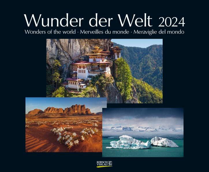 Wunder der Welt 2024: Großer Wandkalender über die Landschaft und Wahrzeichen der Erde. PhotoArt Kalender mit edlem schwarzem Hintergrund. 55 x 45,5 cm