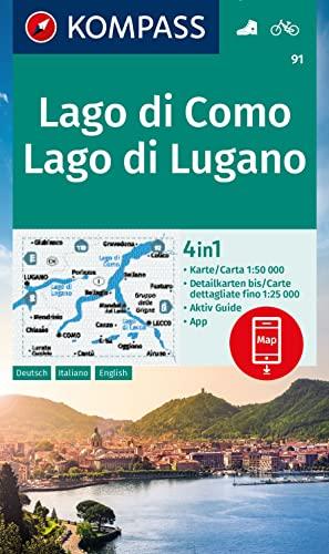 KOMPASS Wanderkarte 91 Lago di Como, Lago di Lugano 1:50.000: 4in1 Wanderkarte mit Aktiv Guide und Detailkarten inklusive Karte zur offline Verwendung in der KOMPASS-App. Fahrradfahren.