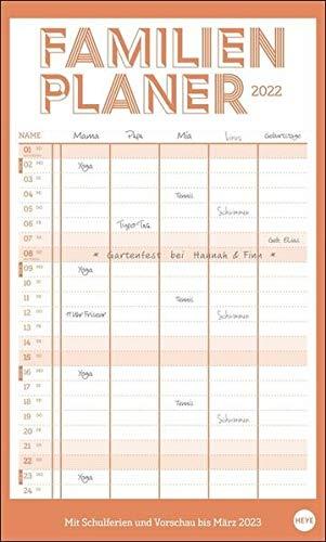 Neon Orange Familienplaner XL 2022 - extra-breiter Wandkalender mit Monatskalendarium, 5 Spalten, Schulferien, 3-Monats-Ausblick Januar bis März 2023 - 27 x 45 cm