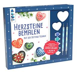 Kreativ-Set Herz-Steine bemalen mit der Dotting-Technik: Anleitungsbuch mit Grundlagen, 2 Gipssteine in 2 Größen, 2 Dotting Tools mit 4 Spitzen und 5 Acrylfarben in Rot, Gelb, Blau, Weiß und Schwarz