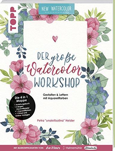 Der große Watercolor Workshop. Gestalten und Lettern mit Aquarell-Farben by unakritzolina: 4 in 1 Mappe = 1 Anleitungsbuch + 3 Bogen ... zum Üben zusätzlich als Download.