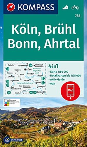 KOMPASS Wanderkarte 758 Köln, Brühl, Bonn, Ahrtal: 4in1 Wanderkarte 1:50000 mit Aktiv Guide und Detailkarten inklusive Karte zur offline Verwendung in ... (KOMPASS-Wanderkarten, Band 758)