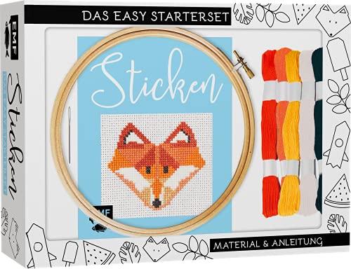 Sticken – das Easy Starterset für dekorative Kreuzstichmotive: DIY-Box mit Anleitung und 20 Vorlagen, hochwertigem Bambus-Stickrahmen (12,5 cm), Aida-Stoff, Sticknadel und Garn in 5 Farben