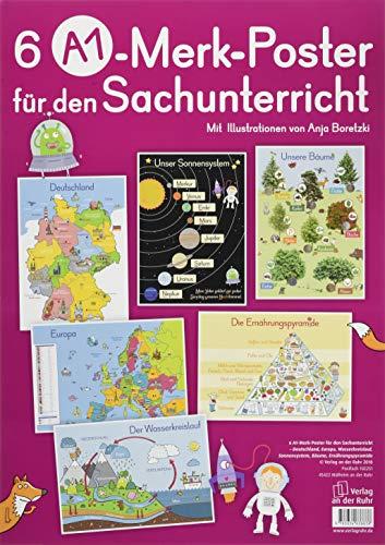 6 A1-Poster für den Sachunterricht – Deutschland, Europa, Wasserkreislauf, Sonnensystem, Bäume, Ernährungspyramide (Merk-Poster)